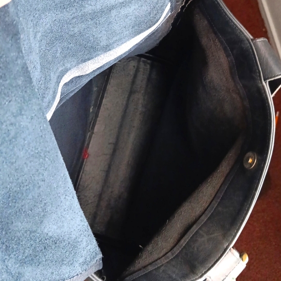 Authentic Large COACH Navy Blue black Genuine Leather top double handle shoulder - Picture 8 of 9